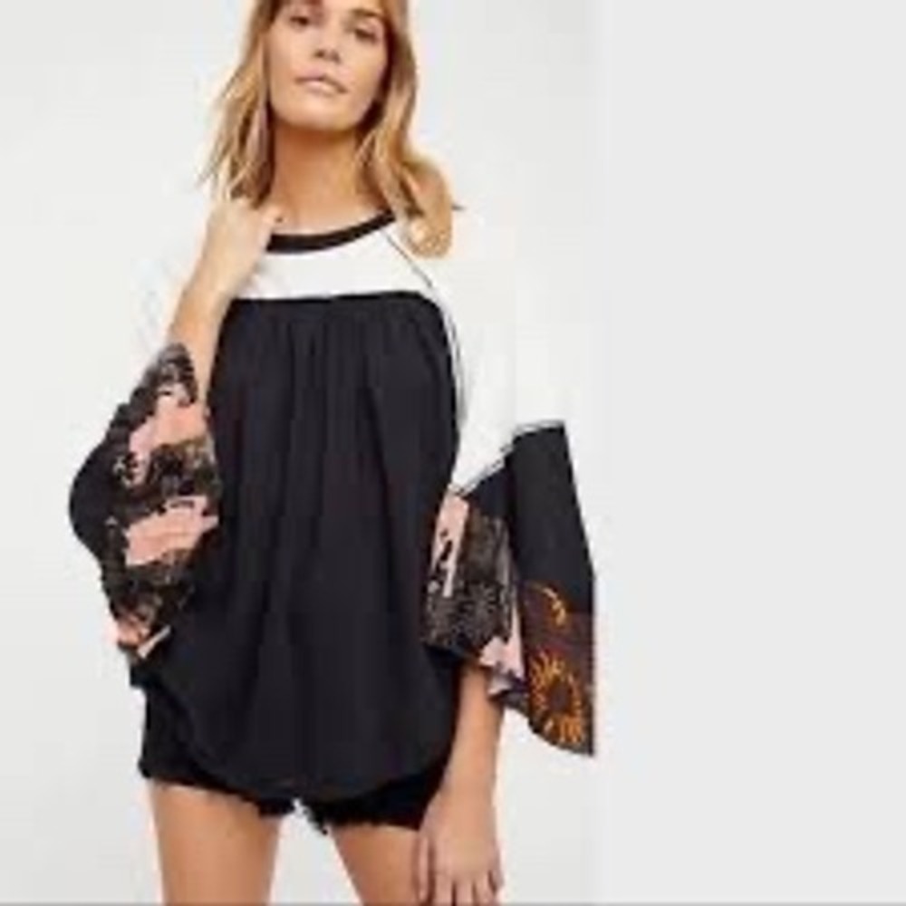 Free People We The Free Friday Fever Top Black White Raglan Mixed Media Sleeve S